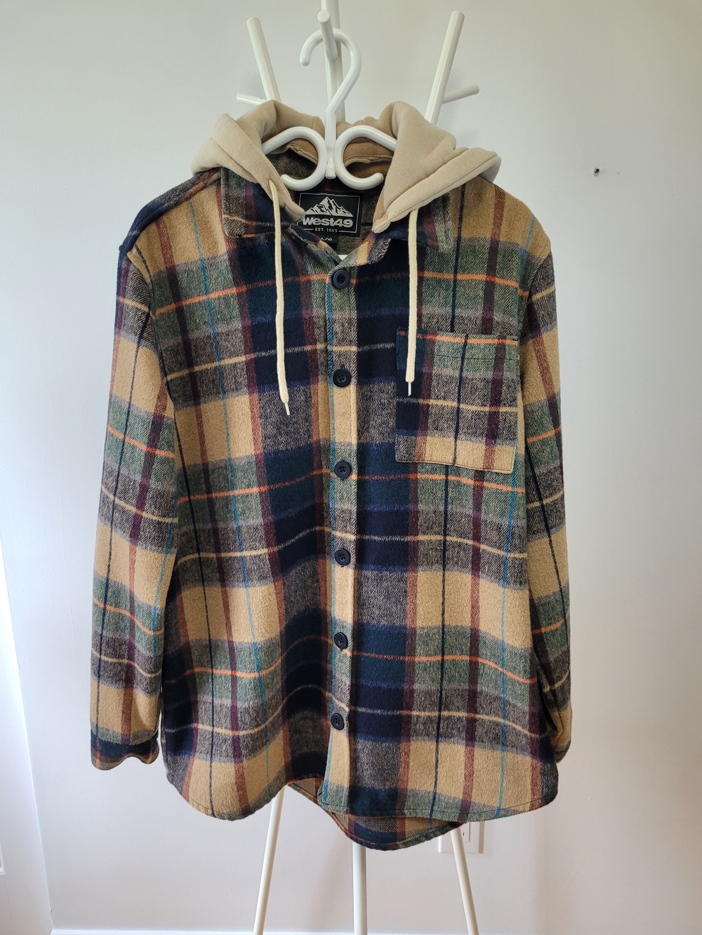 🍂 234 - WEST49 Plaid Flannel Hooded Shirt Shacket Removable Hood  Tan Green L